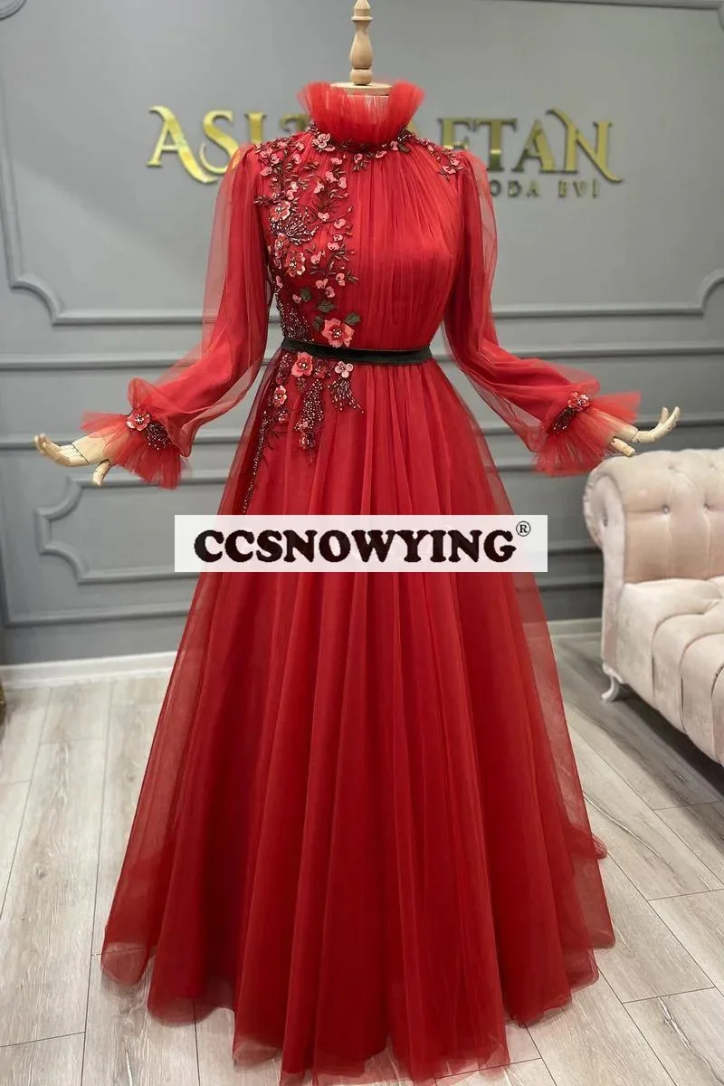 

Red Long Sleeve Muslim Evening Dresses Islamic Tulle Appliques Hijab Formal Party Gown Women Arabic Dubai Robe De Soiree