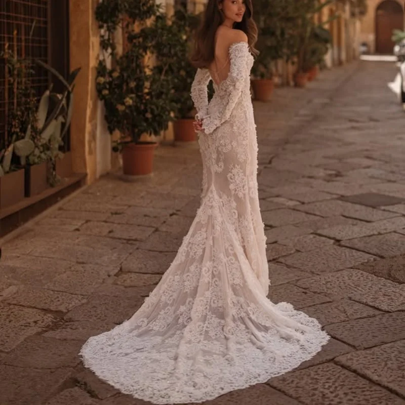 아이보리 꽃 아플리케 레이스 레이어링 웨딩 드레스, 피쉬테일 비즈 긴 소매 신부 드레스 맞춤 제작