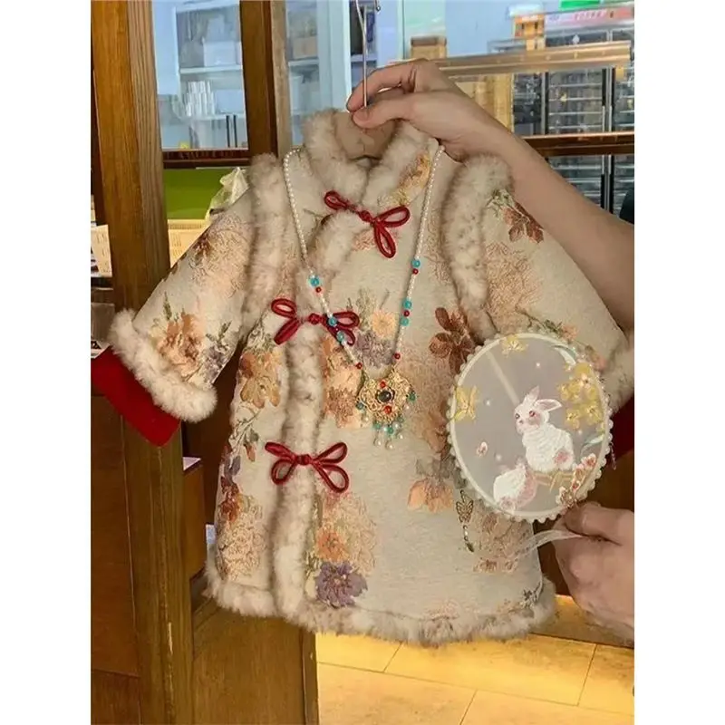 

Girls Cheongsam Dress Autumn and Winter2024New Children's New Chinese Style New Year Clothes Girls' Hanfu Princess Dress Western