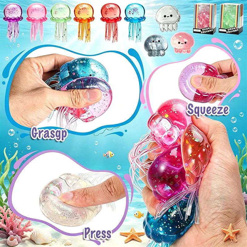 Slow Rebound Jellyfish Squishy Clear Crystal Sequins Inside Soft Elastic Vent Squeeze Toy Adult Mood Relief Fidget Party Gifts