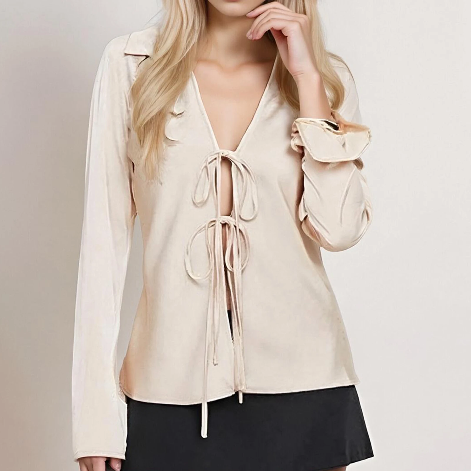 

Elegant Women’s Solid Color Satin Shirts Long Sleeve Lapel Collar Tie-up Front Deep V Neck Tops Loose Fall Blouse