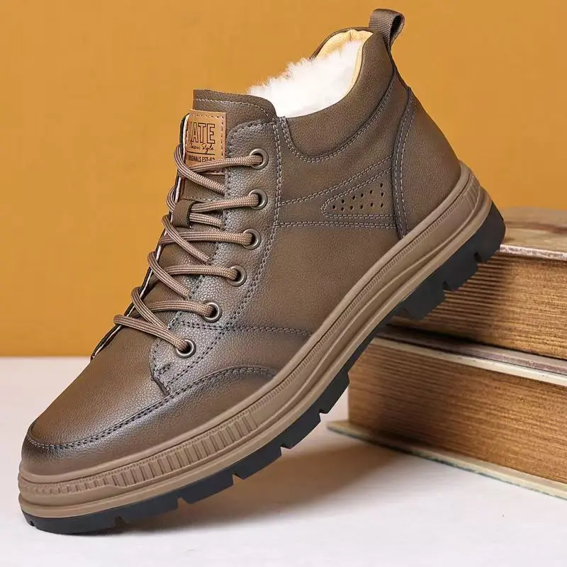 Men Winter Real Leather Ankle Cotton Boots Soft sole Round Toe Plush Warm Waterproof High Top Zippers Casual Boots Snow Boots
