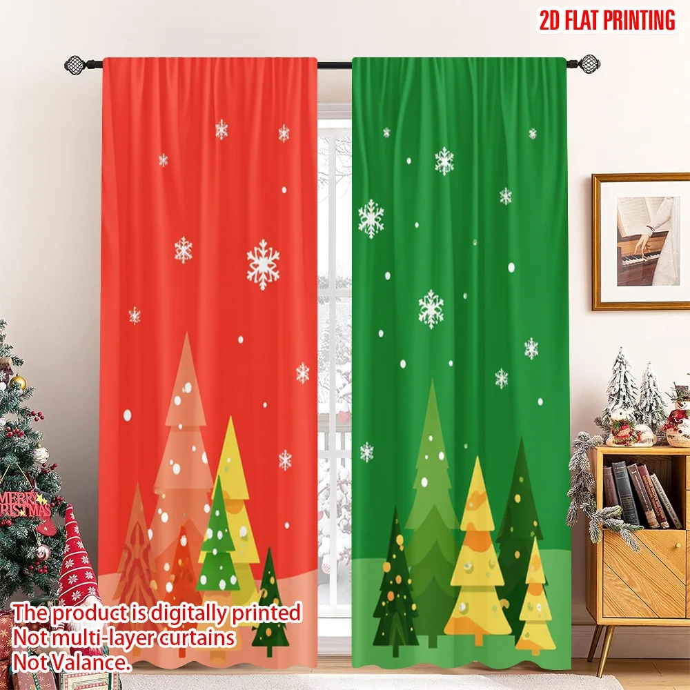 

2pcs 2D flat printing Christmas Window Curtains Christmas Trees Snowflakes Red Green Fabric Without Electricity Birthday Party