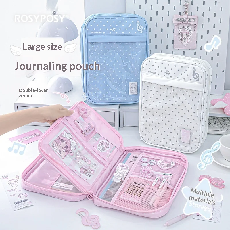 Rosyposy Star Pattern Transparent Window Journal Storage Bag Large Capacity Multi Pocket Hand Account Organizer Pouch For