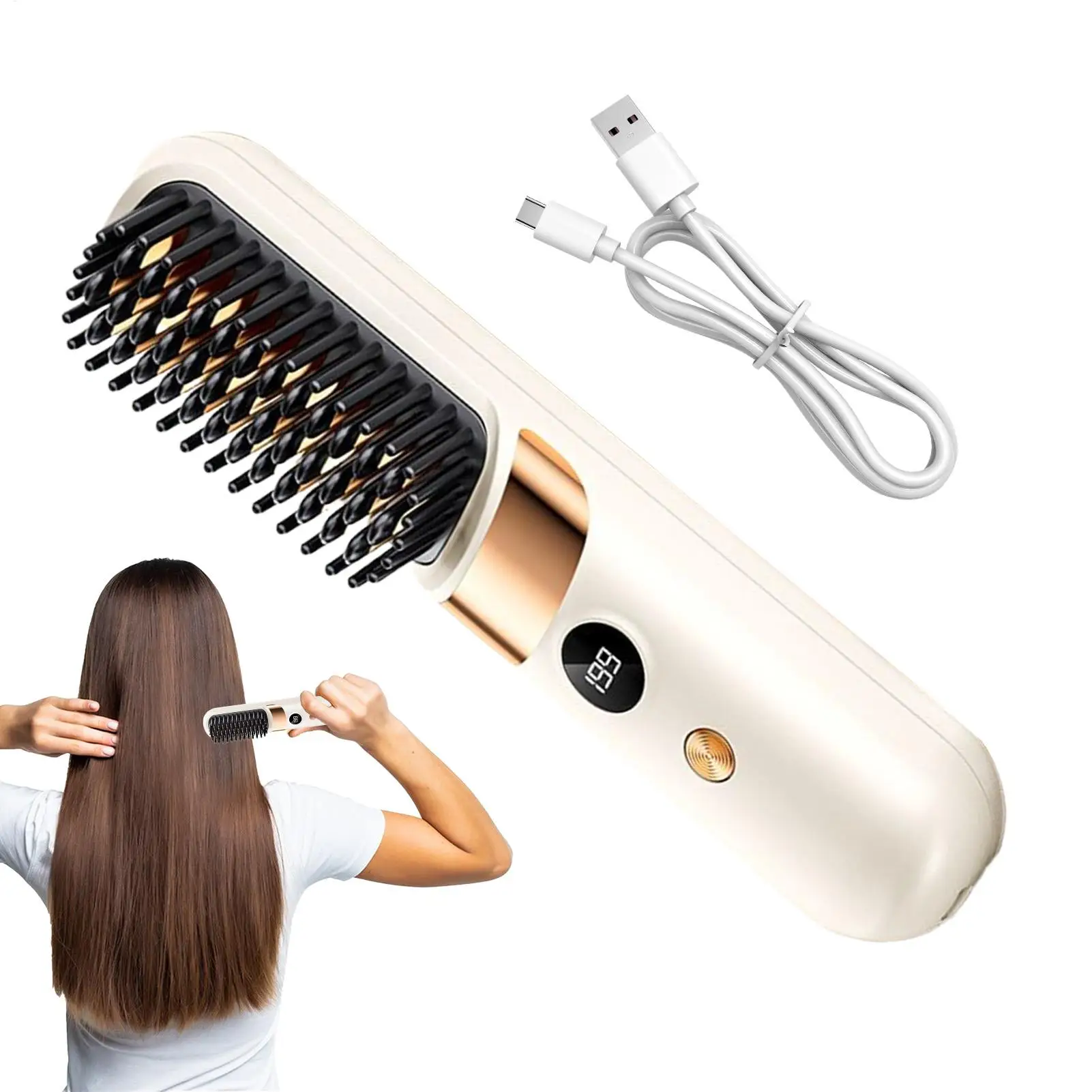 

Straightening Brush 5-in-1 Cordless Rechargeable Portable Heat Brush Hair Straightener Styling Comb for Ladies Girls Teens Daily
