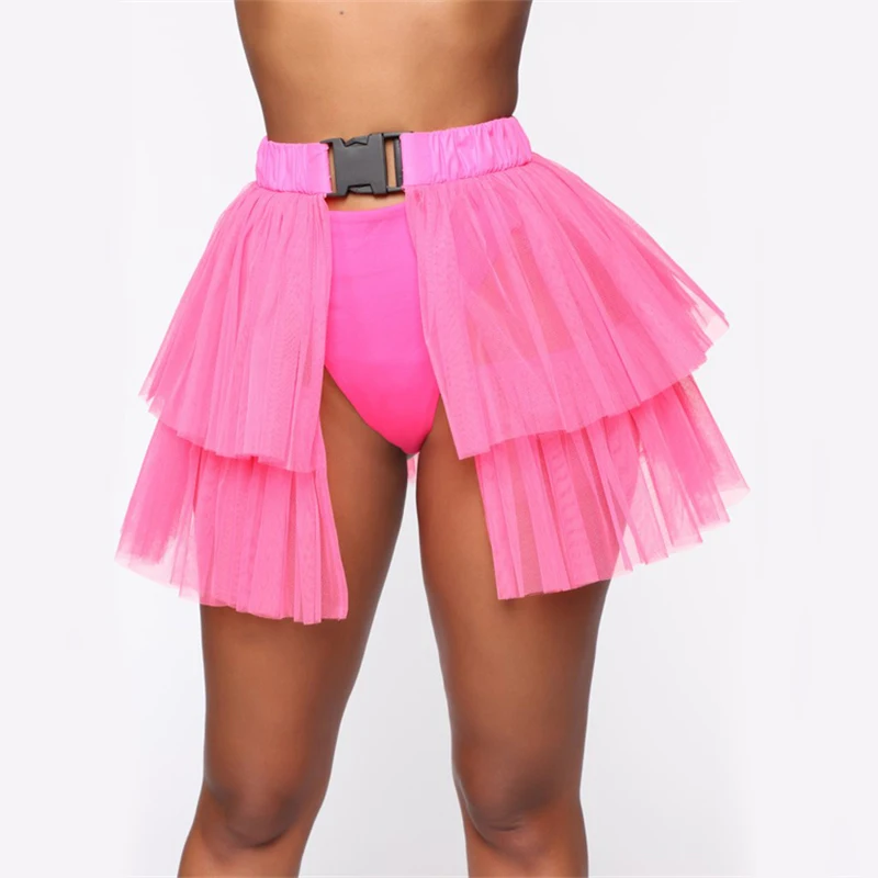 Mesh Pleated Patchwork Mini Skirt Women Solid Buckle Strap Bubble Skirt Fashion Night Party Clothes See Through Skirt For Lady