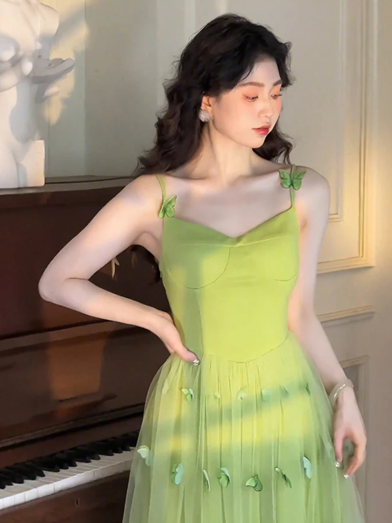 French Retro Green Splicing Lace Sling Dress For Women Summer New Style Temperament High Waist Slimming Fit Fairy Long Dresses