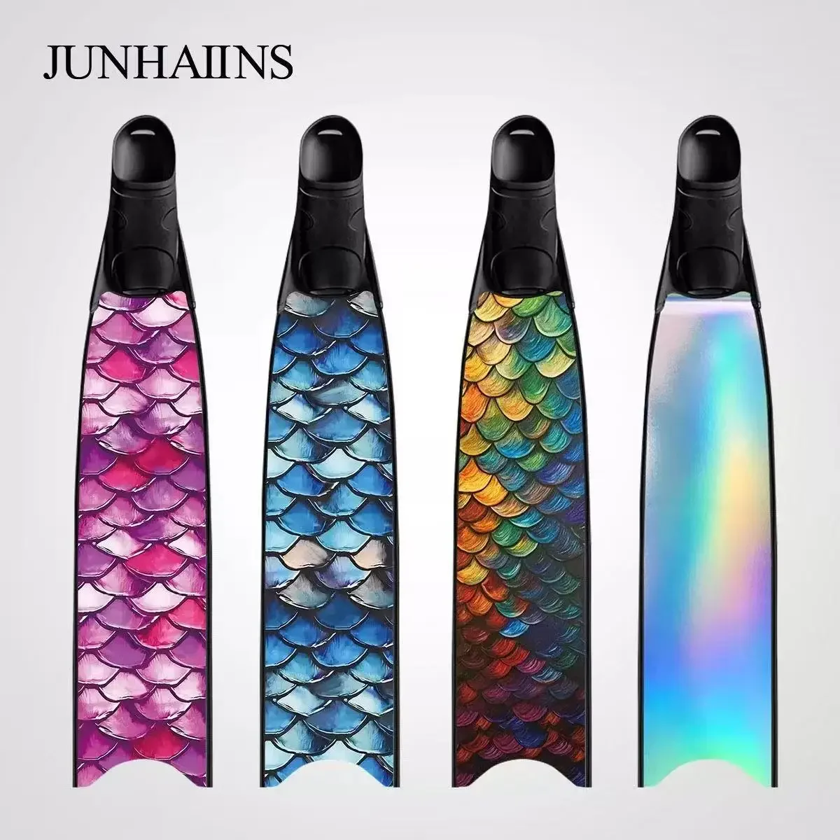 Fiberglass Freediving Fins Mermaid Fish Scale Print Long Blade Full Foot Pocket Snorkeling Spearfishing Fins for Women Men