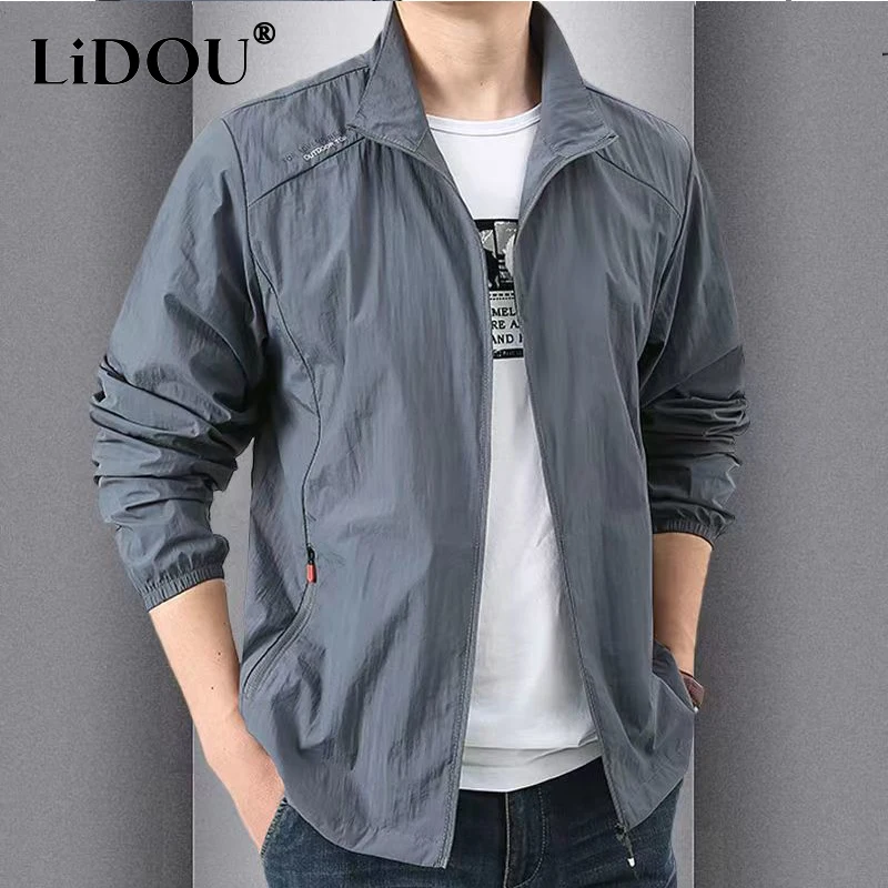 New Fashion Quick Drying Breathable Jacket for Man Loose Casual Stand Collar Coats Pocket Solid Outwears Sports Men\'s Clothing