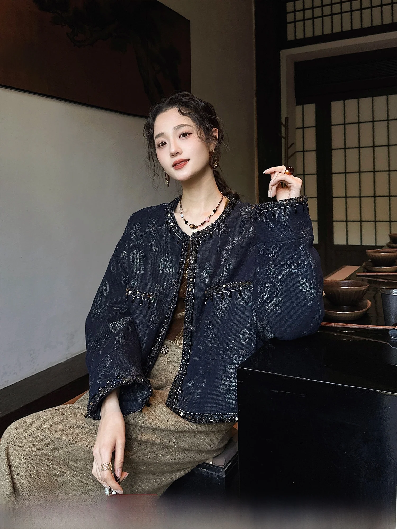 

Sanji Bla Flower Handmade Crochet Yarn Denim down Jaet New Chinese Sle Women's Coat Warm Cotton Long Sve