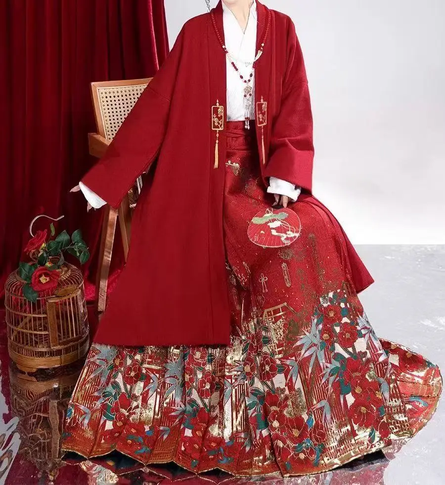 Nouveau Style chinois broderie hauts hommes femmes traditionnel col soigné longue Robe coupe ample mi-longue cape Feative rouge pardessus