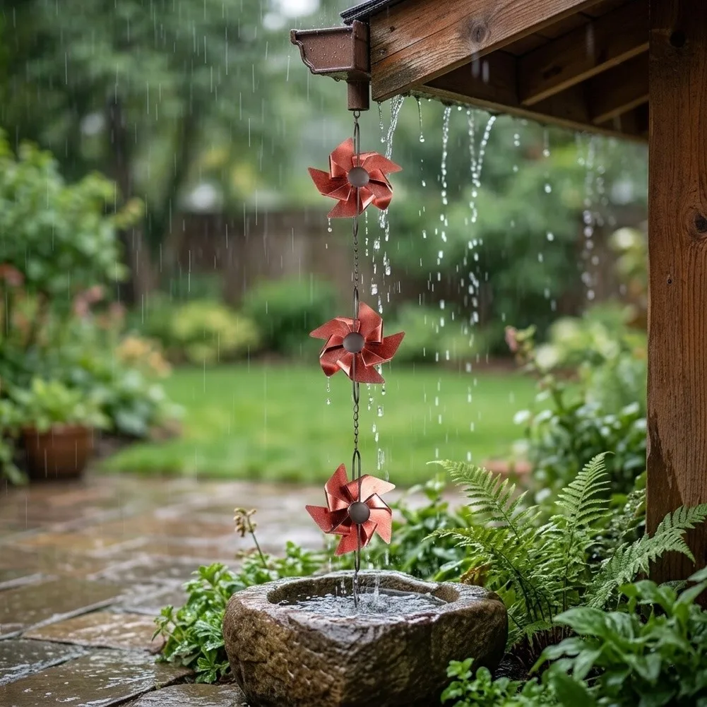 Decorative 8 5ft Metal Rain Chain Pinwheel Style Outdoor Gutter Solution for Collecting Rainwater and Adding Charm