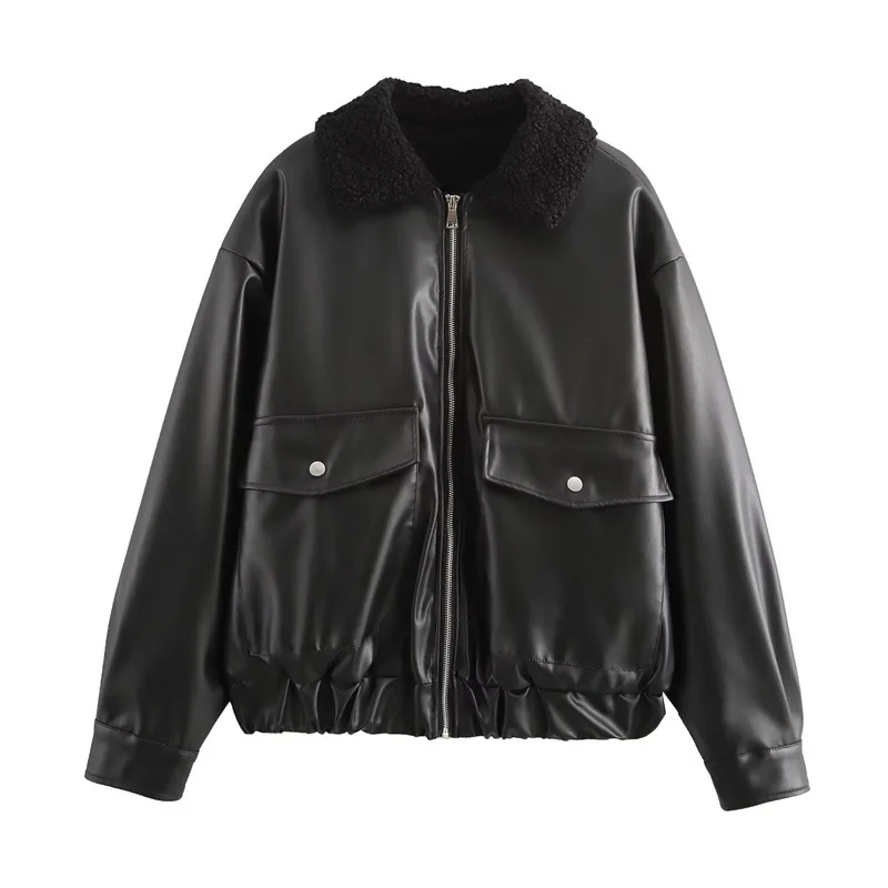 

New Women's Fashion Style Wool Turn-down Collar Faux Leather with Fleece