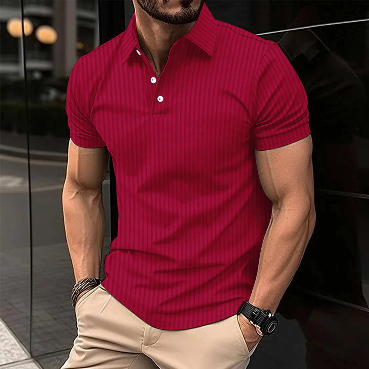 Summer men\'s polo shirt solid color button short sleeve striped lapel T-shirt casual breathable top men\'s wear Color Black S-3XL