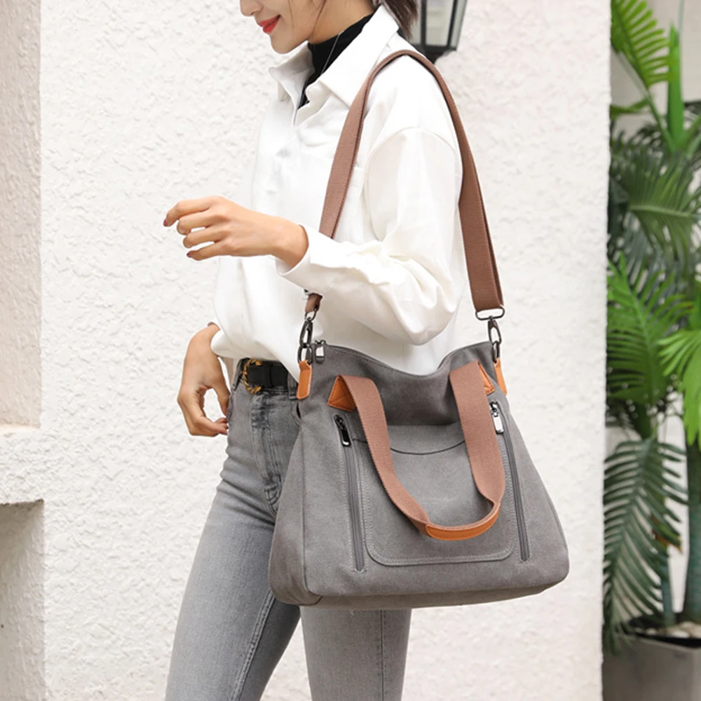 Canvas shoulder bag multifunctional outdoor handbag, women's commuting large capacity handbag suitable for women's daily use-ll