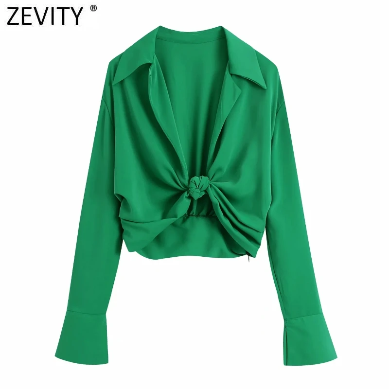 Zevity Women Fashion Turn Down Collar Knotted Green Color Short Smock Blouse Female Long Sleeve Slim Shirt Chic Crop Tops LS9465