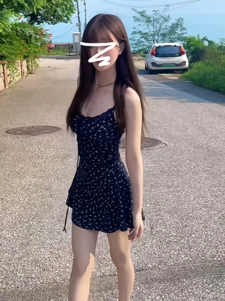 

Pure Desire, синее кружевное летнее платье с цветочным узлом, женская юбка трапециевидной формы, корейское платье на бретельках с застежкой на талии