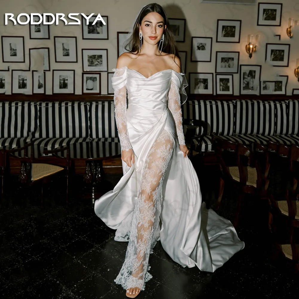 RODDRSYA Mermaid Wedding Dresses 2024 Satin Simple Lace Long Sleeves Split Off Shoulder Bridal Gown Sweetheart свадебное платье