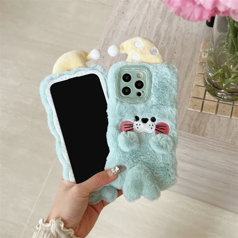 Cute Sea lion Plush Furry Warm Winter Plush Fur Cover For Huawei P40 P50 P60 Pro Pura 70 Pro Camera tect Phone Case Cover