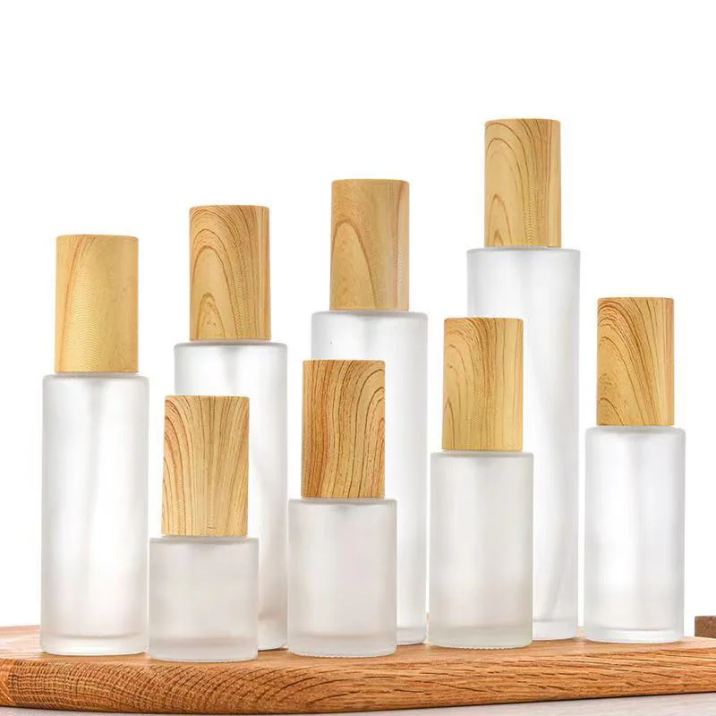 

1Pc 20/30/50/100ml Wood Frosted Glass Spray Bottle Lotion Pump Liquid Sprayer Fine Mist Refillable Bottles Wooden Cap Perfume