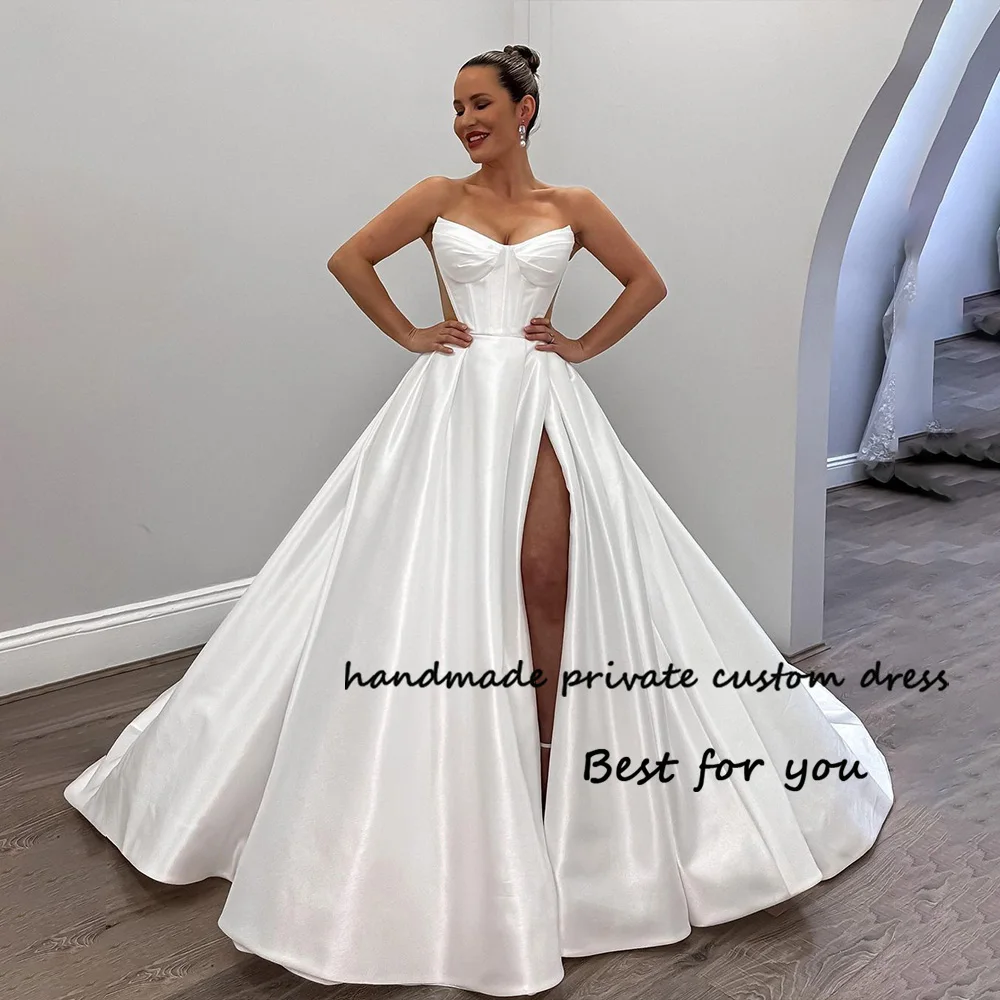 

White Satin Wedding Dresses for Women Sweetheart A Line Bride Dress with Slit Long Beach Bohemian Wedding Gown for Women