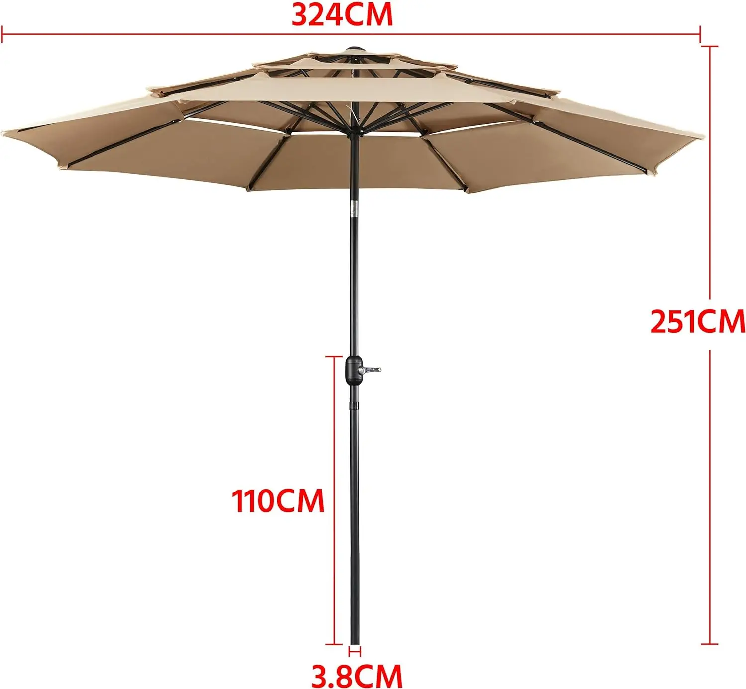 Parapluie ventilé à 3 niveaux avec base, parasol de 10 pieds, 8 côtes robustes, rond, 30 lb, support de base pour parapluie de marché