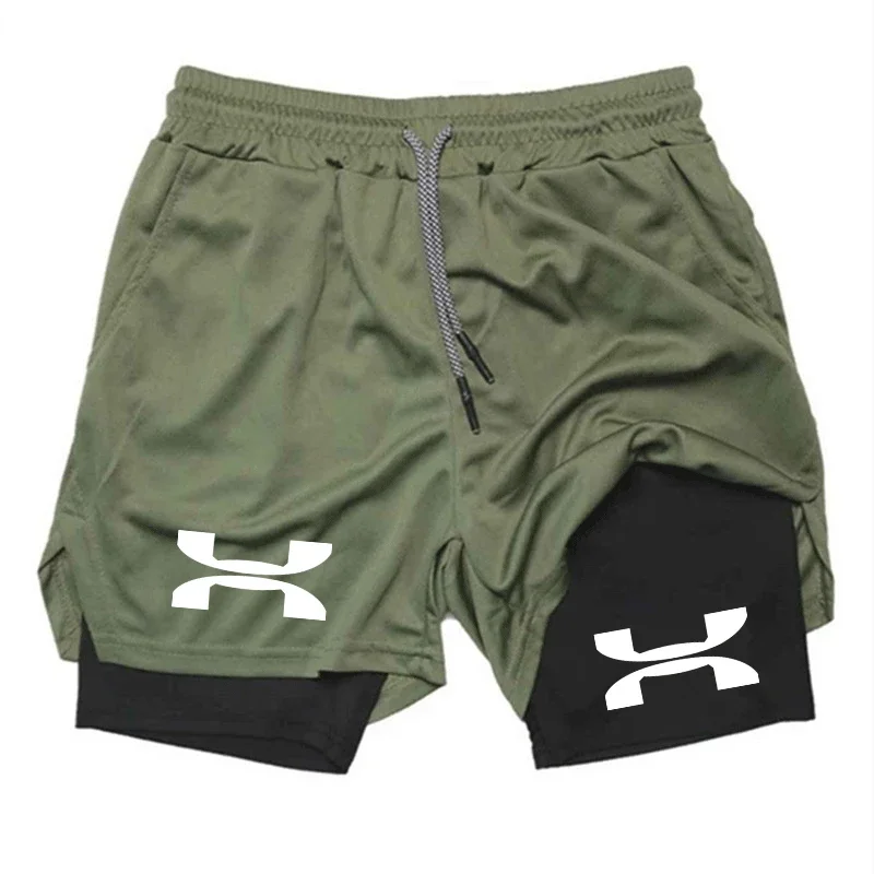 New men's 2-in-1 sports shorts, outdoor quick drying gym running training shorts, pocket outer mesh fabric