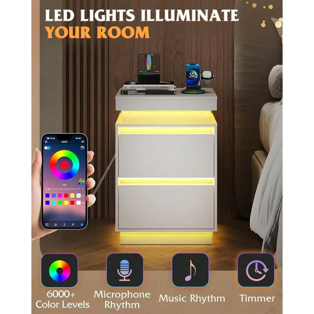 Modern 2 Drawer Nightstand, Smart LED End Table with APP-Controlled RGB Lights, Charging Station and Hidden Storage - view 2