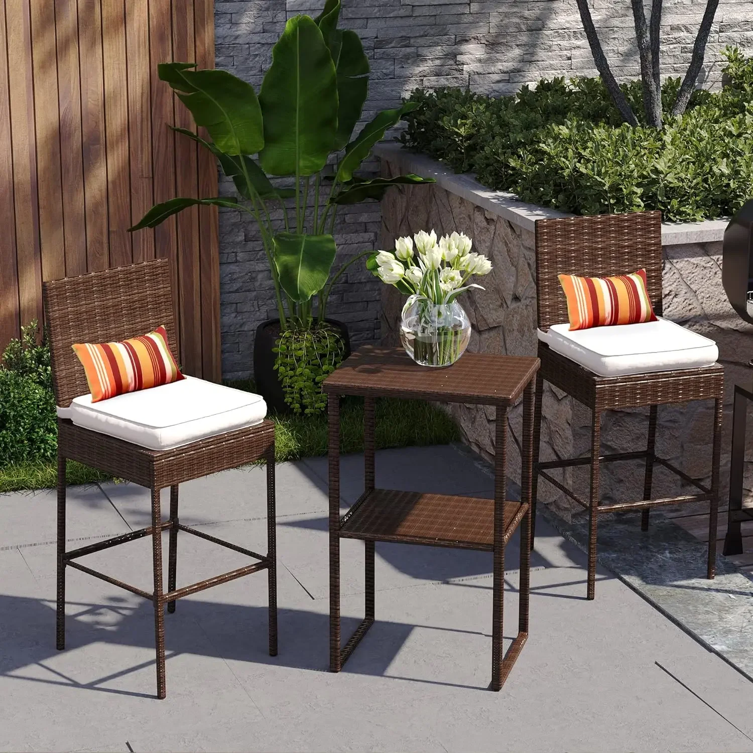 

Outdoor Bar Stools 30 Inch Seat Height Set of 4, Patio Wicker Counter Stools Rattan Chair with Pillow & Beige Cushion