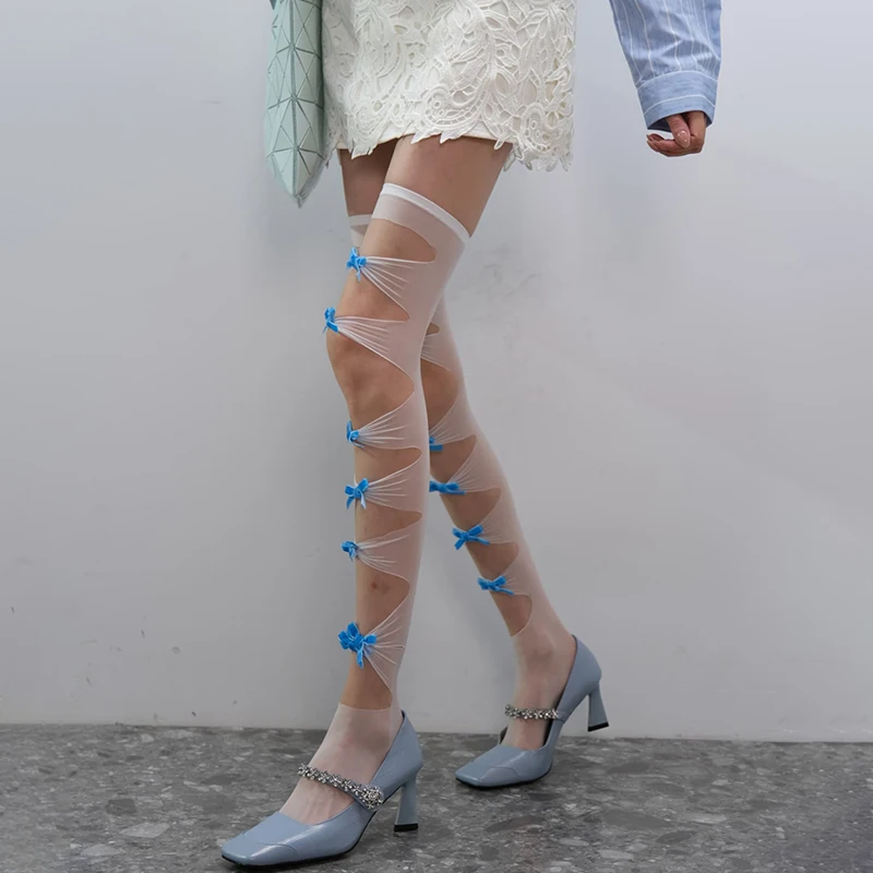 Women Bow Ribbon Cutout Knee High Socks Y2K Sheer Lace Up Long Stockings Gothic Lolita Legwear for Party Cosplay Outfits