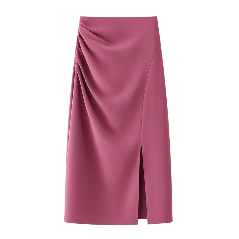 Women's Satin Draped Midi Skirt Asymmetric Ruched High Waist Side Slit Elegant