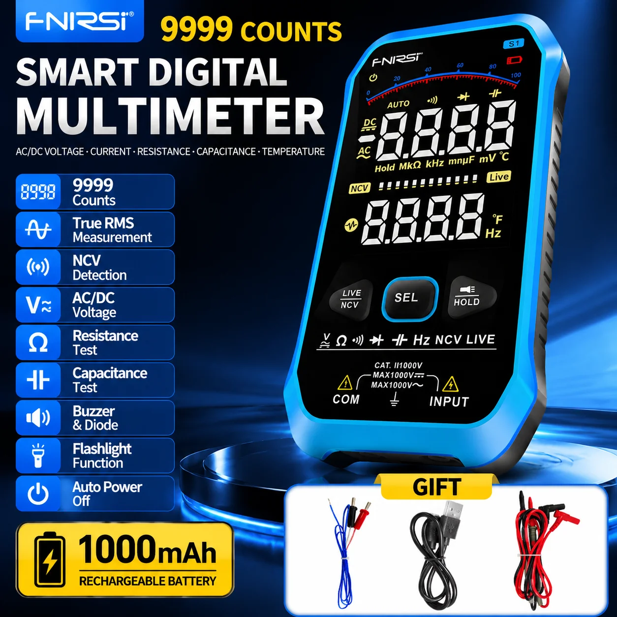

FNIRSI S1 Smart Digital Multimeter 9999 Counts True RMS Auto Range AC DC NCV Capacitance Diode Hz Live Wire Color Display Tester