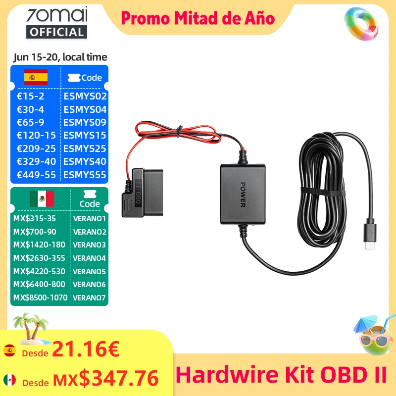Kit de Cableado Ajustable 70mai con Interfaz OBD II Tipo-C, Plug & Play, Kit OBD 70mai, Vigilancia de Estacionamiento 24H para Cámaras de Coche 70mai