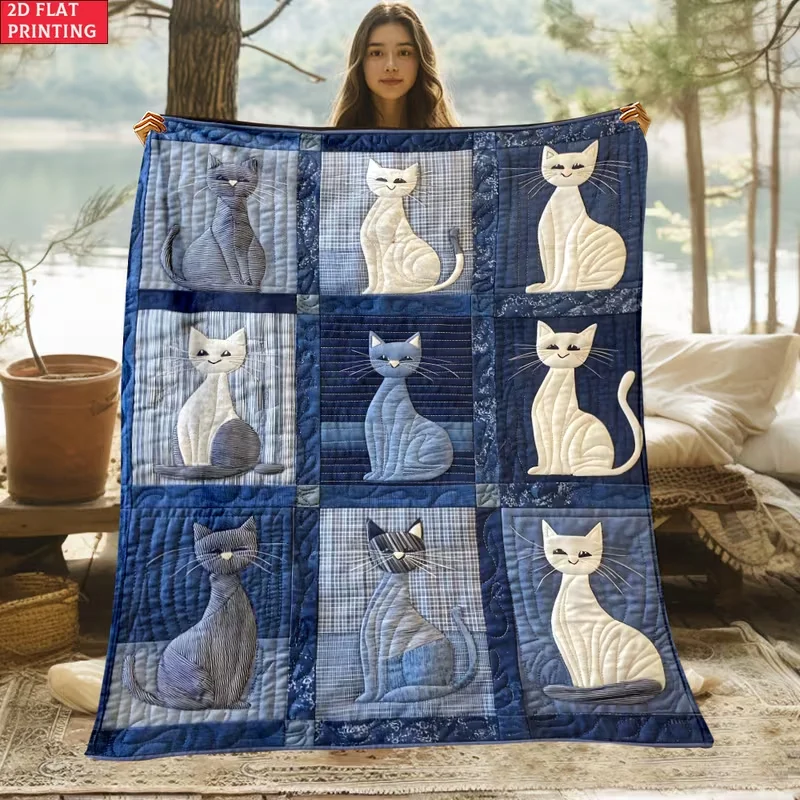 Blue Cat Splicing Outdoor Portable Blanket Bedding Blanket Camping Living Rooms Offices Sofas Beds-Soft Digital Printed Blanket
