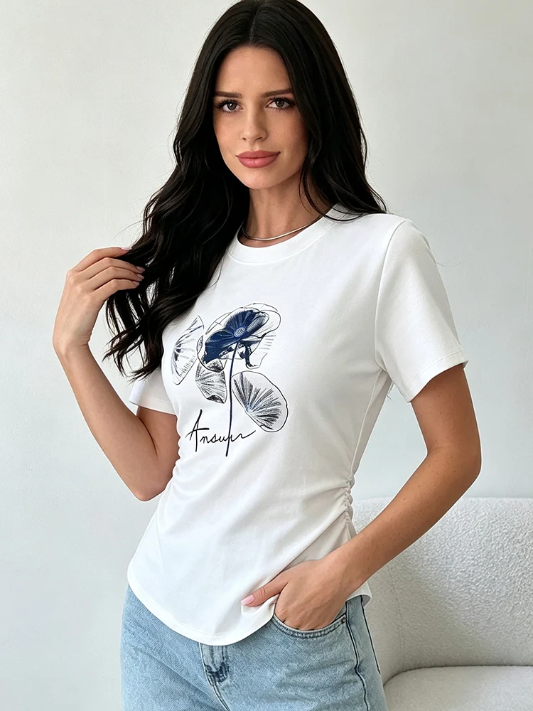 2026 Summer Women Cotton Short Sleeve Tee Chinese Style Floral Print Side Ruched Slim Fit Crew Neck Casual Daily Tops