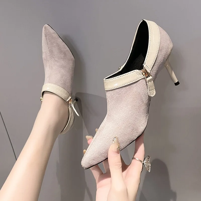 Side Zipper British Women's Pointed Toed Shoes Suede Form Metal Thin High Heels Stiletto Single Shoes Women Zapatos De Mujer
