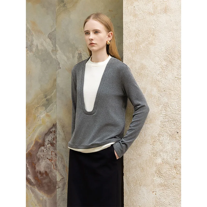 تي شيرت نسائي محبوك مكون من قطعتين وأكمام طويلة، قمصان علوية أنيقة للسيدات