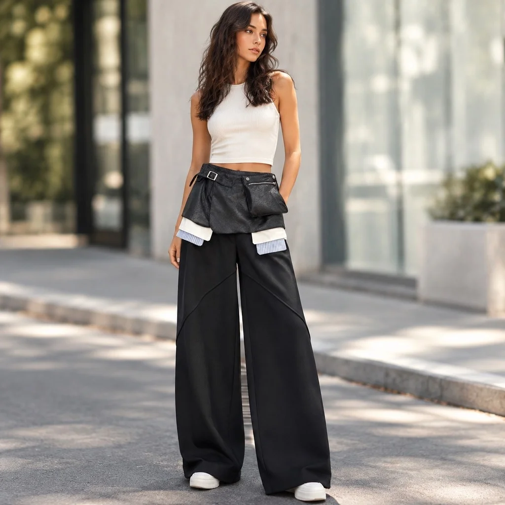 Patchwork Straight Leg Pants Straight Fit Socialite Style with Wrinkle Resistant Finish Full Length Mid Waist Women Pants