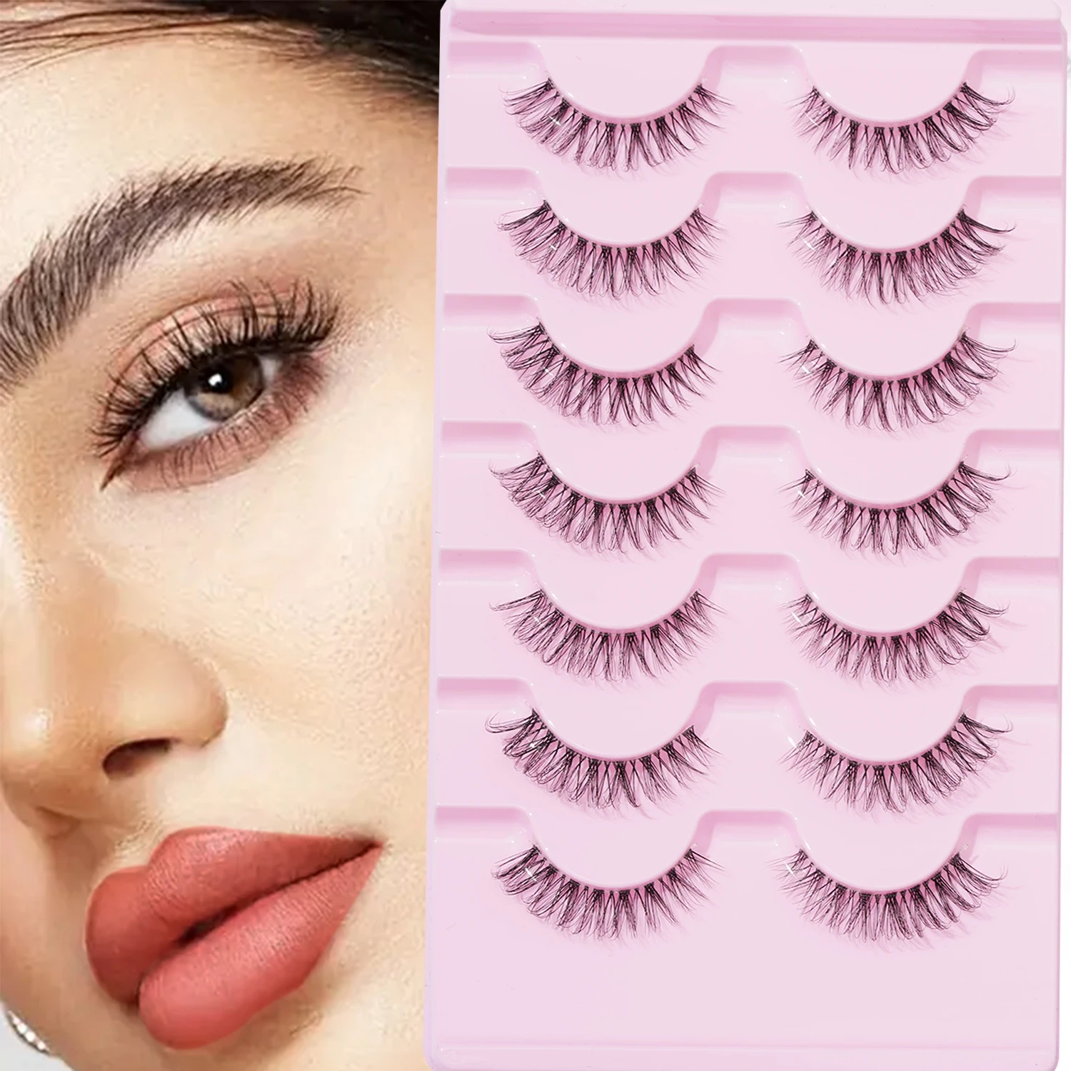 7 Pairs of Natural D Curled Transparent Stem Crossed False Eyelashes