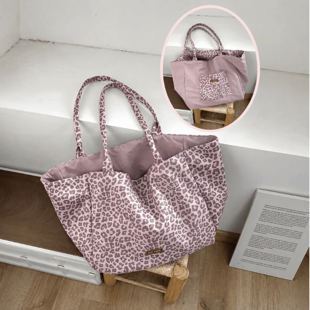 Retro Leopard Print Shopping Tote Bag Suede Double-Sided Travel Handbag Large Capacity Ultralight Shoulder Bag