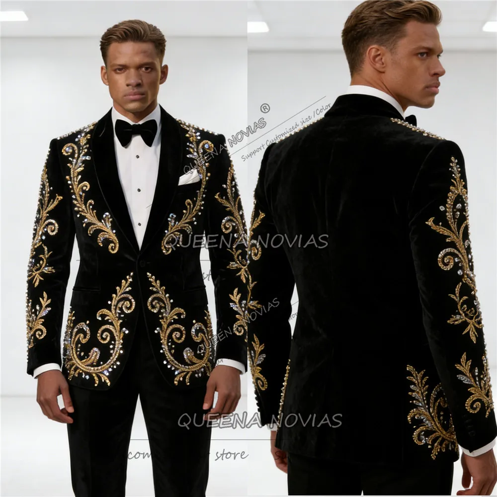 

Elegant Crystal Rhinestones Men Suit Attire 2 Pieces Sets Groom Male Blazers Customized Wedding Tuxedos Slim Fit Ropa hombre