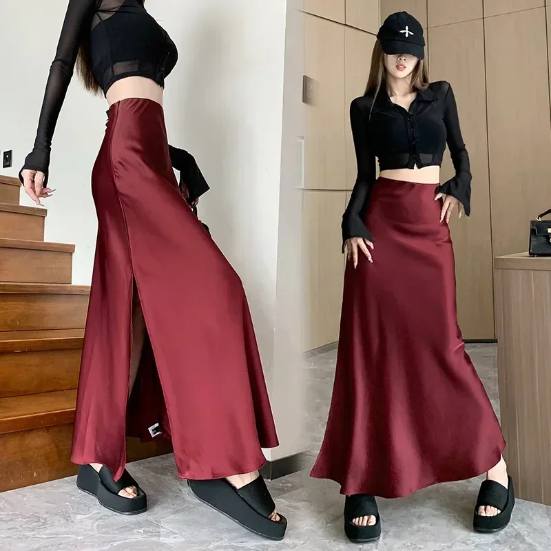 Burgundy Satin Skirt Women\'s Autumn Dress High Waist Thin Medium and Long Skirt Ruffle Edge Split Hip A-shaped Skirt