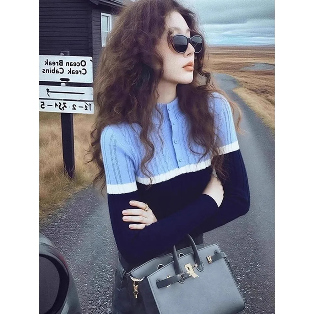 Fashion Blue Patchwork Knitted Top Women Slim Casual Base Bottoming Top Jumper Pullover