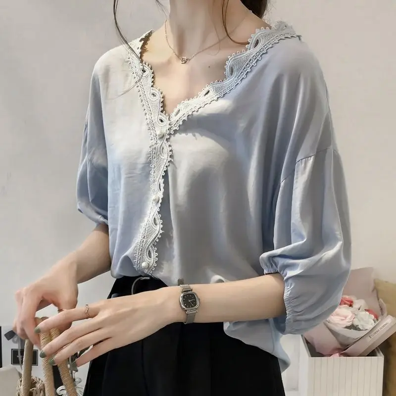 

Summer Casual Korean Fashion Loose Office Lady Simplicity Elegant Trend Sexy Solid Color Well-designed Feminine Elegant Grace