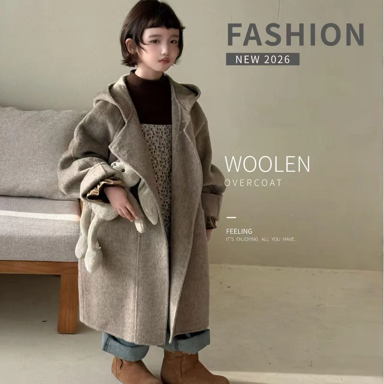 Korean Style New Autumn Winter Kids Double Sided Wool Coat Mid-Length Thick Overcoat for Boys Girls Middle Big Kids