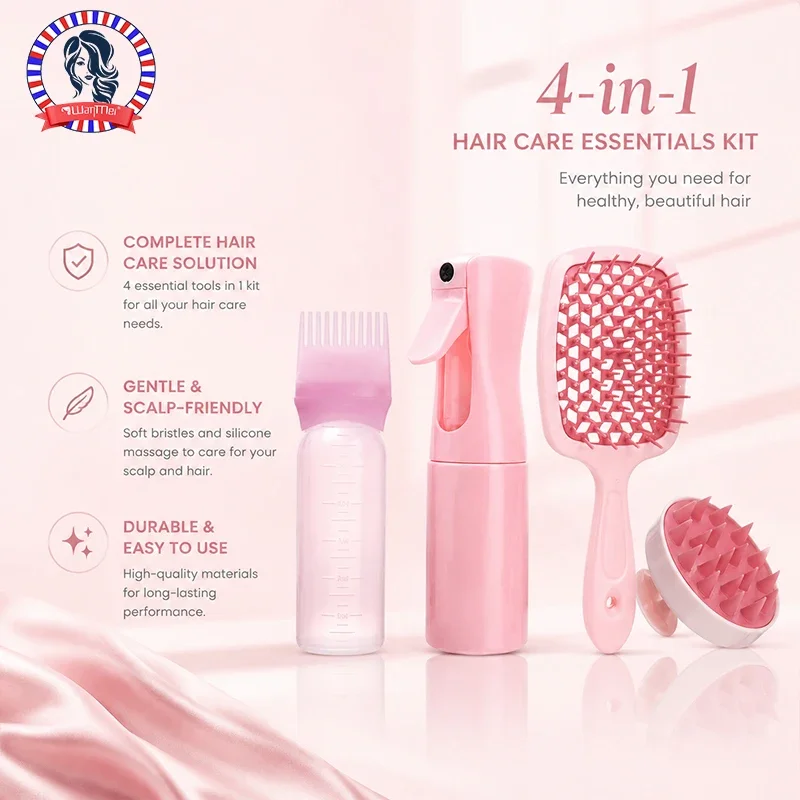 4Pcs/set Pink Silicone Scalp Massage Comb Detangling Hair Brush Hairdressing Hair Dye Applicator Bottle Salon Styling Tools