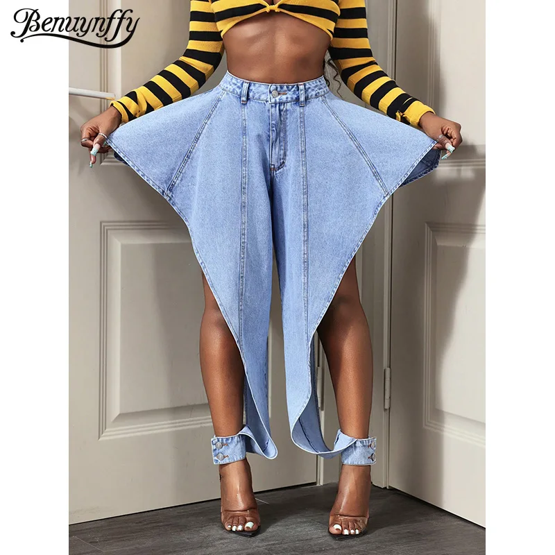 Benuynffy High Waist Irregular Cutout Jeans Women Spring Summer Fashion Sexy Street Style Loose Female Wide Leg Tapered Pants