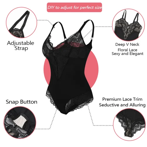 Imagen 2 del producto Body con escote en V profundo para mujer, ropa moldeadora de cuerpo de encaje Sexy, Tanga adelgazante, corsé con Control de barriga, ropa interior suave breve transpirable