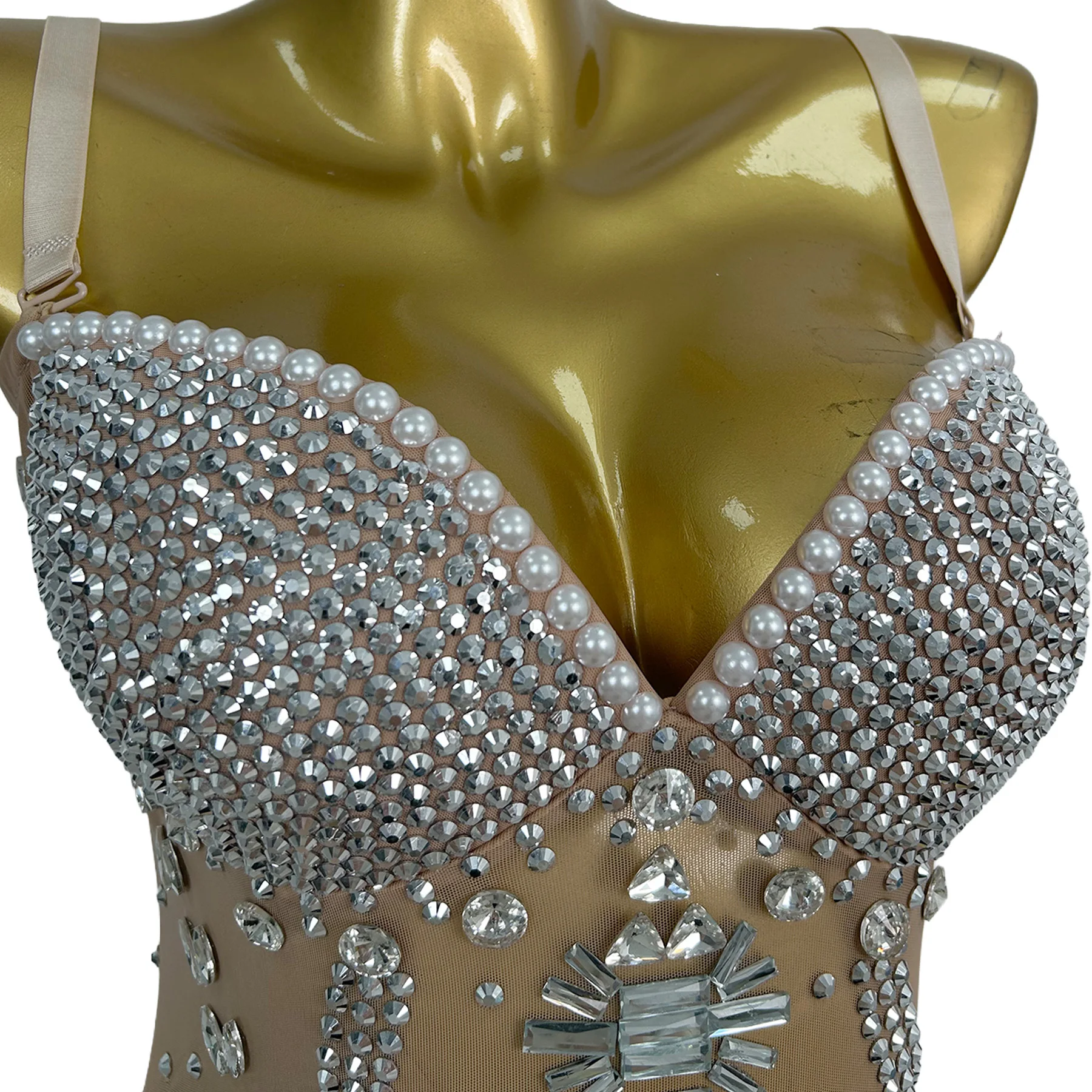 

Jingtian Nude Mesh Rhinestone Embellished Strapless Bodysuit with Geometric Crystal Pattern for Drag Queen Performances