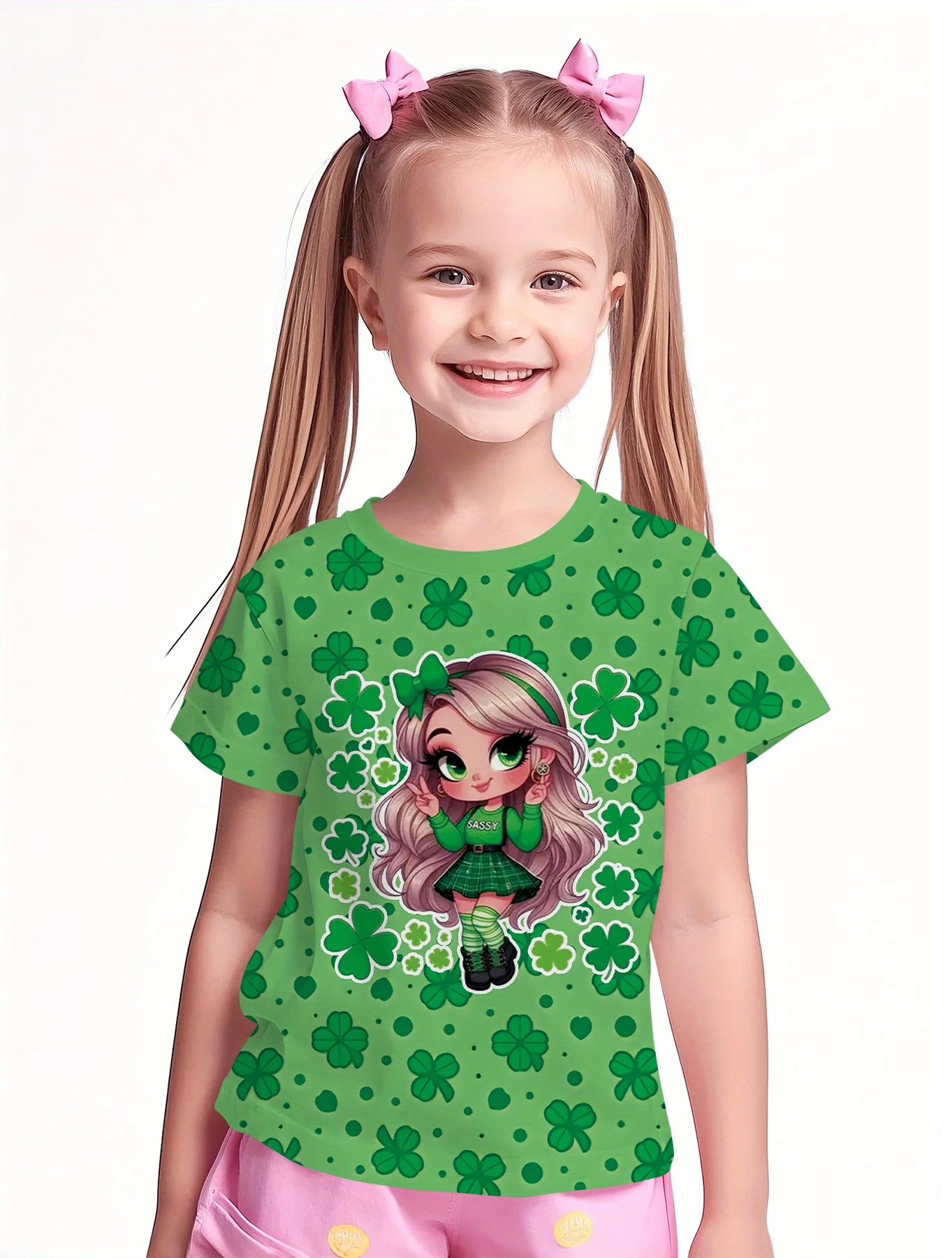St Patrick’s Day Clover Print Girls T-Shirt, Green Base Crew Neck Short Sleeve Holiday Toddler Top